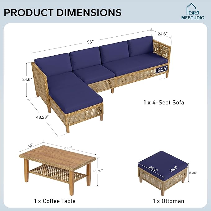 MFSTUDIO Wicker Patio Furniture Set, Rattan Outdoor Couch Sectional Sofa, 5 Pieces Patio Conversation Set with Acacia Wood Coffee Table, Outdoor Rattan Furniture Set for Garden or Balcony, Navy Blue