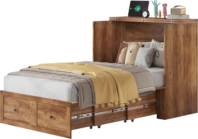 AMERLIFE Twin Murphy Bed Cabinet with Charging Station and Storage Drawer, Farmhouse Foldable Platform Bed for Home Office, Apartment, Small Spaces, Barnwood