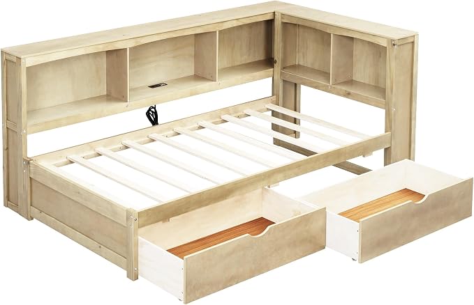 Bellemave Twin Corner Bed Frame with USB Ports, Wood Twin Size Daybed with L-Shaped Bookcase and 2 Drawers,Daybed with Storage Cabinets, Wood Color
