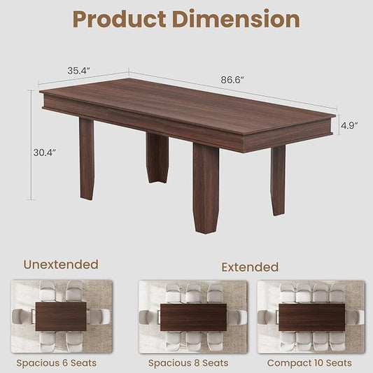 GarveeHome 63 in-86.6 in Extendable Dining Room Table for 6-10, Farmhouse Kitchen Tables w/Wooden Sturdy Frame, Large Rectangular Dinner Table for Dining Room, Kitchen