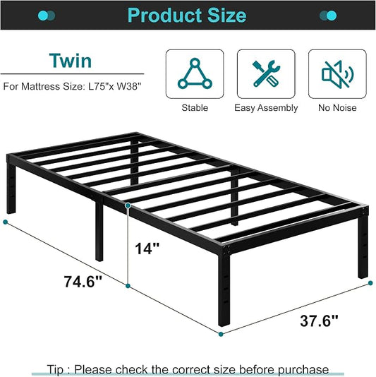 Maenizi Heavy Duty Twin Bed Frame No Box Spring Needed, 14 Inch Metal Platform Bed Frame Twin Support Up to 2500 lbs, Easy Assembly, Noise Free, Black