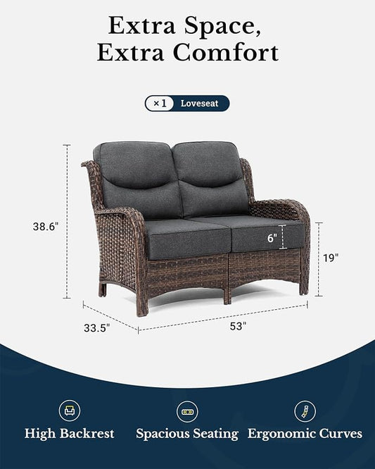 HILLGA Luxury Outdoor Furniture High Back Patio Sofa, Oversized Loveseat with 6'' Thick Cushions, Ideal for Porch, Poolside, Deck, and Yard (Dark Gray)