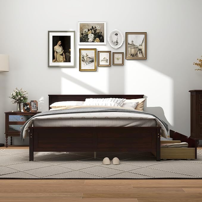 GOFLAME Full Size Bed Frame with 2 Drawers, Platform Bed with Solid Wood Headboard & Footboard, Wood Slats Support Mattress Foundation, Under Bed Storage, No Box Spring Needed, Easy Assembly, Espresso