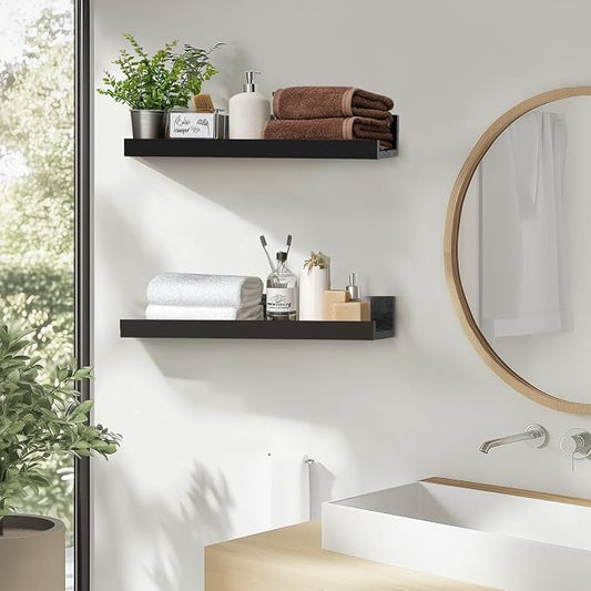 Muzilife 12" Small Floating Wall Ledge Shelves with Lip - Set of 2 Wood Floating Shelves - Black Wall Mounted Picture Ledge for Office, Bathroom, Bedroom, Living Room, Kitchen