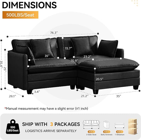 76'' Cloud Deep Seat Loveseat Sofa, Upholstered Leather Modular 2-Seats Sectional Sofa Couch with Movable Ottoman, Modern Comfy Settee Loveseat for Living Room Set, Small Apartment,Leather Black