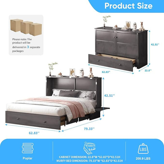 PUREMIND Queen Murphy Bed with Mattress Included, Murphy Cabinet Bed with Storage Drawer, Built-in Charging Station, Solid Wood Frame, Space-Saving Cabinet Beds for Small Spaces/Guest Room (Gray)