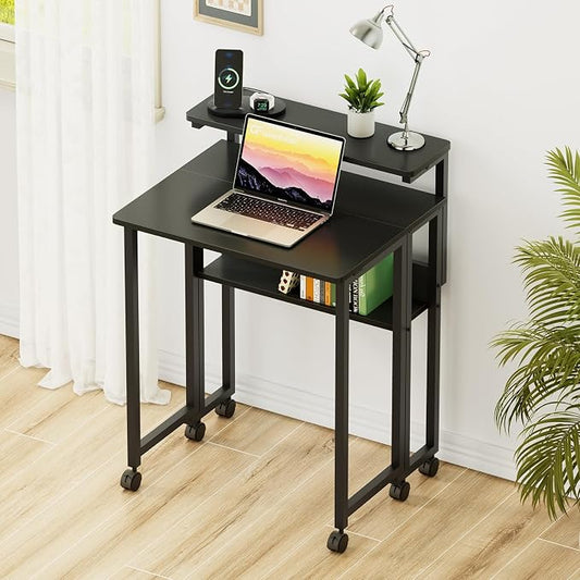 GreenForest Folding Desk with Adjustable Monitor Stand, 24.8 in Small Desk | Storage Shelf, Lockable Wheels, Portable, Space Saving, Mobile Rolling Table for Small Spaces, Home Office, Writing, Black