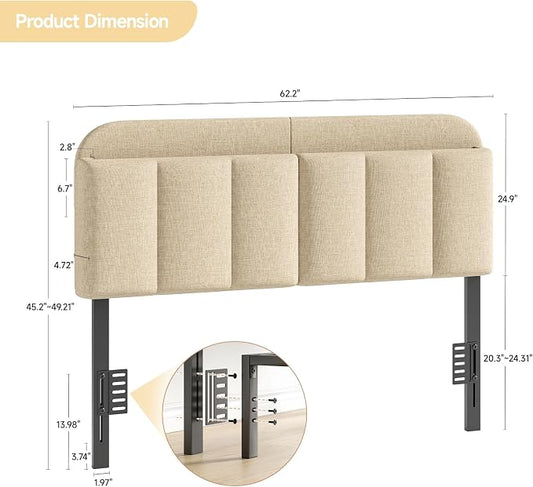 Adjustable Headboard for Full/Queen Size Bed Frame, Linen Fabric Bed Headboard with Storage & RGB LED Light in Modern Vertical Channel Design, Beige
