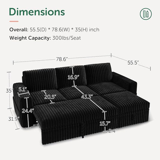 HONBAY Modular Sectional Sofa with Pull Out Bed,Corduroy L Shaped Sleeper Sofa with Storage, Sectional Couches for Living Room,Black