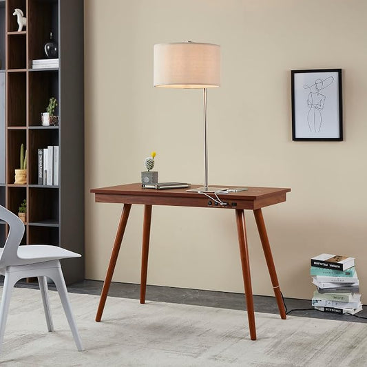FENLO Future 39" Mid Century Desk for Home Office, Office Desk with USB Charging Station, Mid Century Modern Desk with Wireless Charging, USB, and USB-C Ports, Walnut