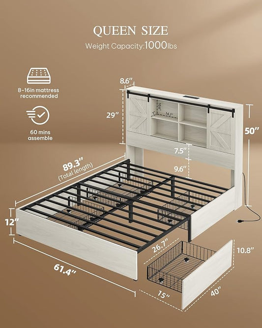 YITAHOME Farmhouse Queen Size Bed with 50" Tall Storage Bookcase Headboard, Sliding Barn Door, 4 Storage Drawers, RGB LED Bed Frame w/Type-C&USB Charging Station, No Box Spring Needed, Antique White