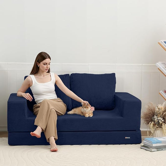 COMAX Futon Sofa Bed, Convertible Sofa Bed, Folding Boneless Couches | Boneless Couch for living room, 4‑in‑1 Fold Out Small Foldable Loveseat Floor Sleeper Mattress Lounge Space‑Saving, Navy