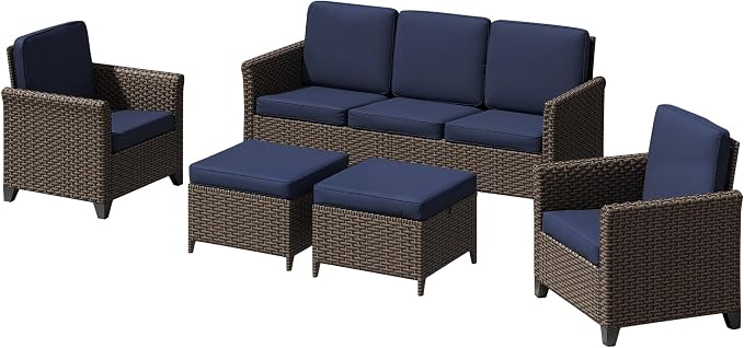 5 Pieces Patio Furniture Set, PE Wicker 75" Couch with 2 High Back Chairs & 2 Ottomans, All-Weather Rattan Furniture with Waterproof Cushions for Deck, Garden, Porch
