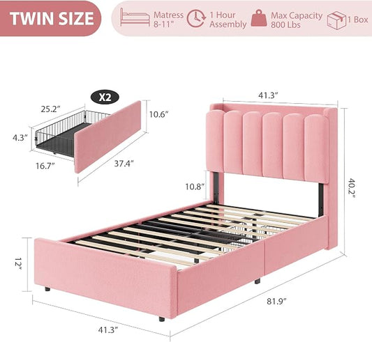 Garvee LED Twin Size Bed Frame with Storage Headboard, Kids Bed Frame with 2 Drawers, Boucle Upholstered Platform Bed for Girls, Chic Wavy Headboard with Bookcase, No Box Spring Needed, Pink