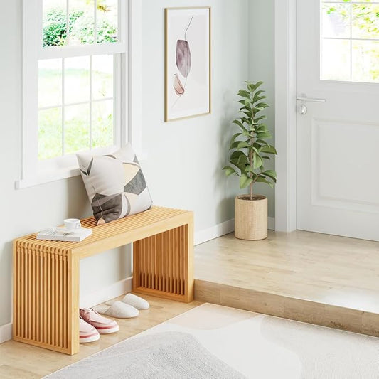 APRTAT Bamboo Outdoor Bench 35 inch Waterproof Shower Bench Farmhouse Decor Indoor Kitchen Table Bench, Entryway Shoe Rack Bench for Living Room, Hallway, Bedroom, Bathroom