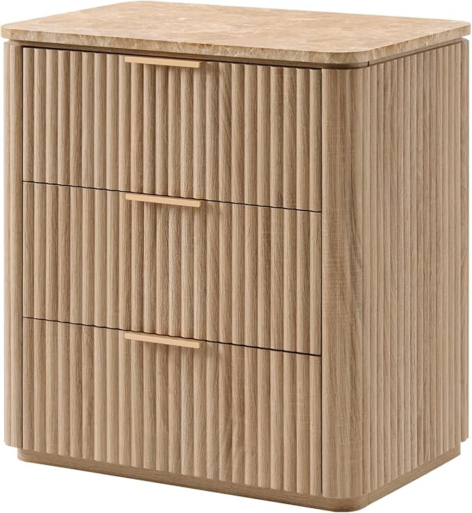 Fluted Nightstand with Faux Marble Top, Modern Bedside Table | FSC-Certified Engineered Wood, 25" H, 3 Drawers, Rounded Corner, Metal Handle, for Bedroom, Natural Oak