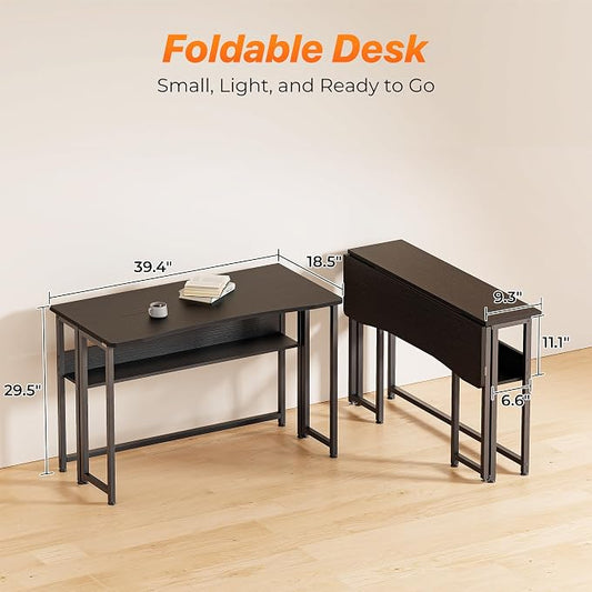Huuger Folding Desk with Storage Shelf, 39.3 Inch Foldable Computer Table for Small Spaces, Space Saving Sofa Table for Couch, Writing Work Office Computer Desk, Easy to Fold, Black