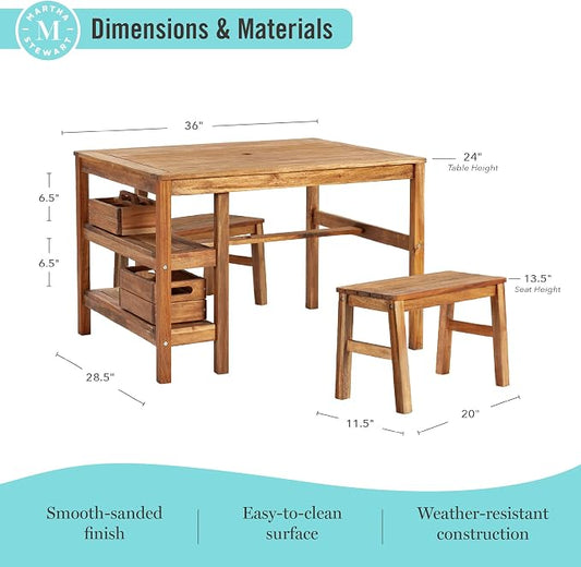 Martha Stewart Kids Outdoor Craft Table and 2 Bench Set: Acacia Wood Activity Desk w/Crate, Caddy, and Storage Shelves | Kids Play & Picnic Table w/Benches for Backyard, Patio, Outdoor Classrooms