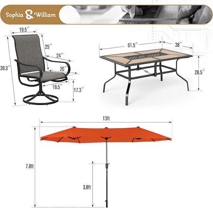 Sophia & William Patio Set with Umbrella Outdoor Dining Set for 6 with 13ft Umbrella Orange Red, 6 x Patio Chairs Brown, 1 Wood Like Outdoor Dining Table for Deck Lawn Garden (No Umbrella Base)