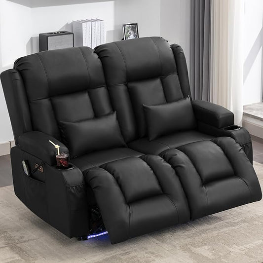 URRED Power Loveseat Recliner Sofa with Massage and Heat, Wall Hugger Reclining Loveseat, RV Couch Home Theater Seating with LED Lights for Living Room (Black, 54" - 2 Seats)