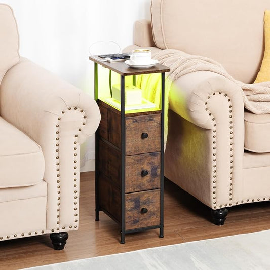 LOAKEKEL Narrow End Tables Living Room Set of 2 with Charging Station, Skinny Side Table with Fabric Drawers, Slim LED Nightstand for Bedroom, Small Spaces, Couch, Rustic Brown, HETNDP03LPBR
