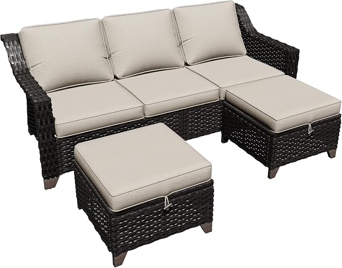 3 Pieces Outdoor Conversation Furniture Set - 77" Patio Sofa, 2 Rattan Wicker Ottomans, Patio Wicker Couch Set with Water-Resistant and Washable Cushions for Sunroom, Deck, Porch (Beige)