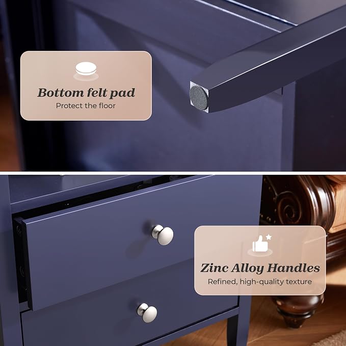Huuger Blue Nightstand Set of 2, Night Stand with Charger Station, Bedside Table with 2 Drawers, Bed Side Tables for Bedroom, Modern Nightstands, Metal Knobs, Painted Surface