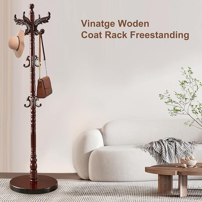 Wooden Coat Rack Stand, Natural Birch Wood Coat Rack Freestanding with Triangular Base, Sturdy Solid Wood Coat Racks with 14 Hooks, Vintage Coat Hall Clothes Tree for Entryway, Office, Corner
