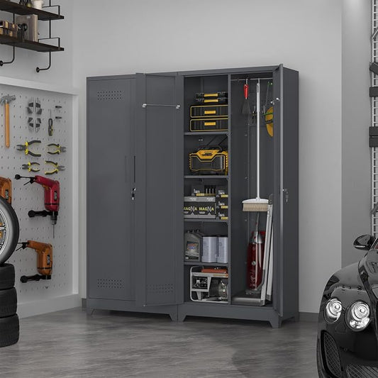 72.8" H Metal Garage Storage Cabinets, Metal Storage Cabinet with Hanging Rod & S-Hooks, Broom Closet Storage with Shelves, Functional Storage Cabinets for Garage, Warehouse, Grey