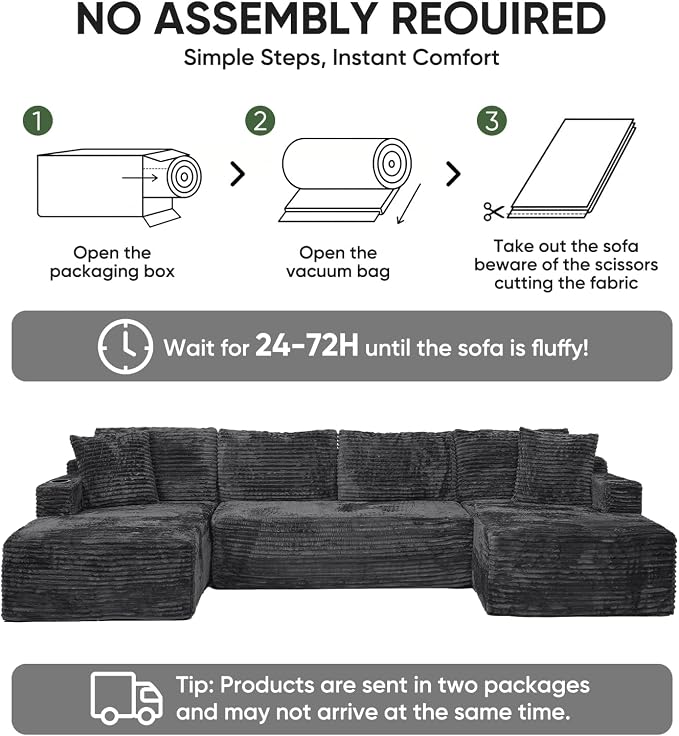 Boneless Couch, 127" Sofas for Living Room, U Shaped Couch with Chaise | Sectional Sofa, Cloud Couch Sectional with Cup Holders and Storage, Cloud Sofa with Deep Seat, Grey, Corduroy, No Assembly