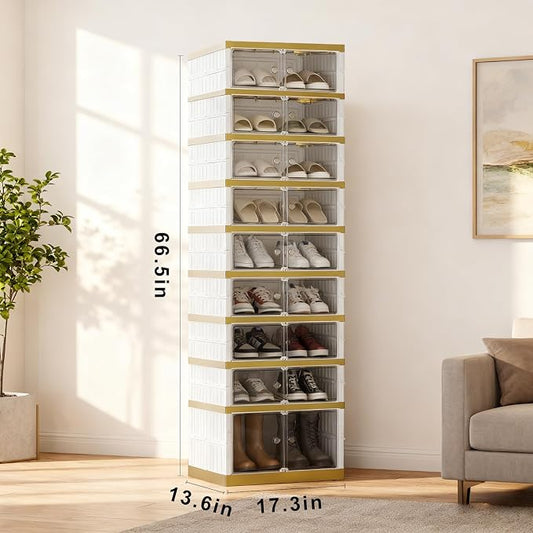 SYNCVIBE Shoe Rack Organizer for Closet Entryway Foldable Sneaker Storage Shoe, Collapsible Shoe Cabinet, Stackable Shoe Storage Cabinet with Lids for Living Room (9 Tiers -18 Pairs White Gold)