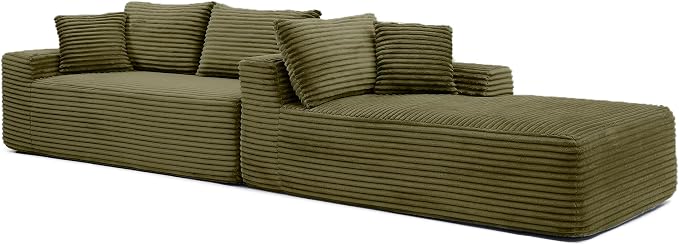 105-Inch L-Shaped Right Facing Corner Compressed Sofa Modular Sectional Boneless Cloud Sofa Floor Foam Couch with Chaise Lounge, Corduroy Corner Boneless Cloud Couch