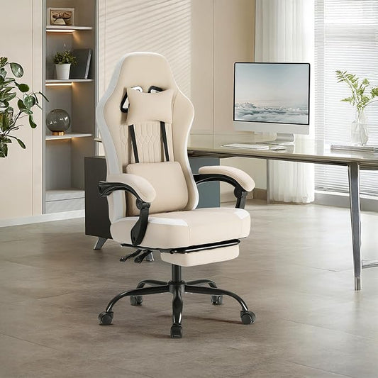DUMOS Gaming Chair with Linkage Armrests, Video Game Chairs with Pocket Spring Cushion, Ergonomic Computer Silla Gamer Office Desk Chair with Footrest for Adults & Students, Light Brown