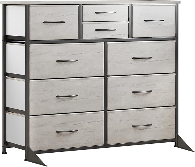 LUMTOK 10-Drawer Dresser, Fabric Storage Tower with Drawers for Bedroom, Dresser Drawer with Handle for Bedroom, Living Room, Hallway, Closets & Nurseryteel Frame, Wood Top (10 Drawer/Greige)