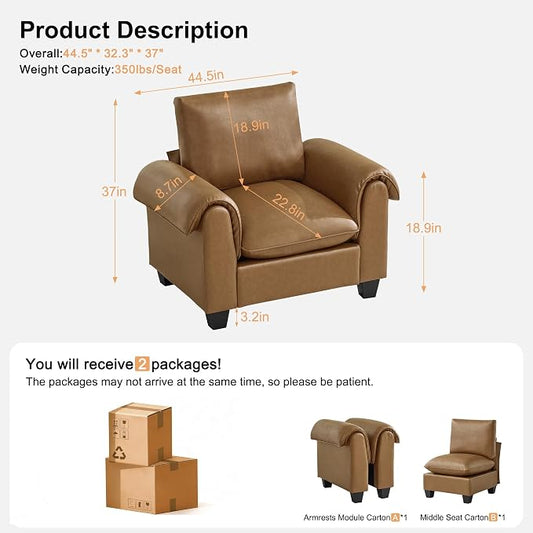 44.5" Faux Leather Single Sofa Sofa, Oversized Accent Chair with Curved Armrests, Cloud Modern Sofa Upholstered Deep Seat Reading Chair Armchair for Living Room, Bedroom,Light Brown