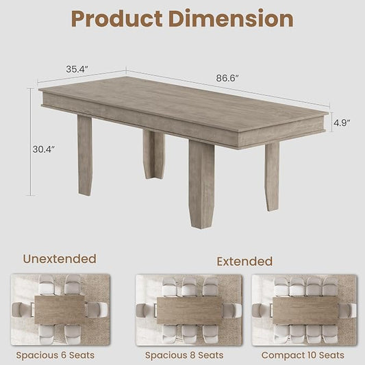 GarveeHome 63 in-86.6 in Extendable Dining Room Table for 6-10, Farmhouse Kitchen Tables w/Wooden Sturdy Frame, Large Rectangular Dinner Table for Dining Room, Kitchen