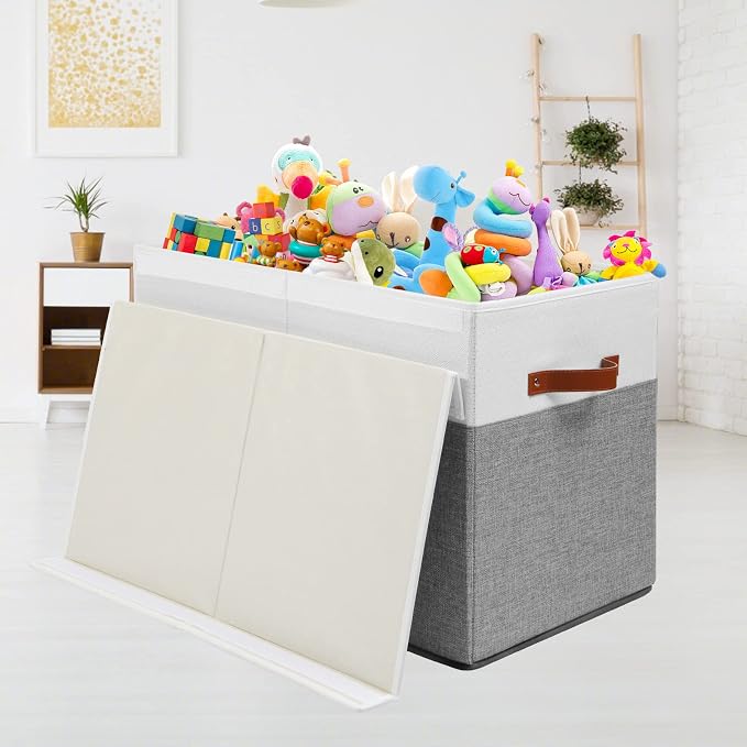 Gowee Large Toy Storage Box with Lid, Sturdy Toys Storage Chest Bin Organizer Basket with Dividers for Kids, Boys, Girls, Nursery, Closet, Bedroom, Playroom 25"x13" x16" (Grey and White)