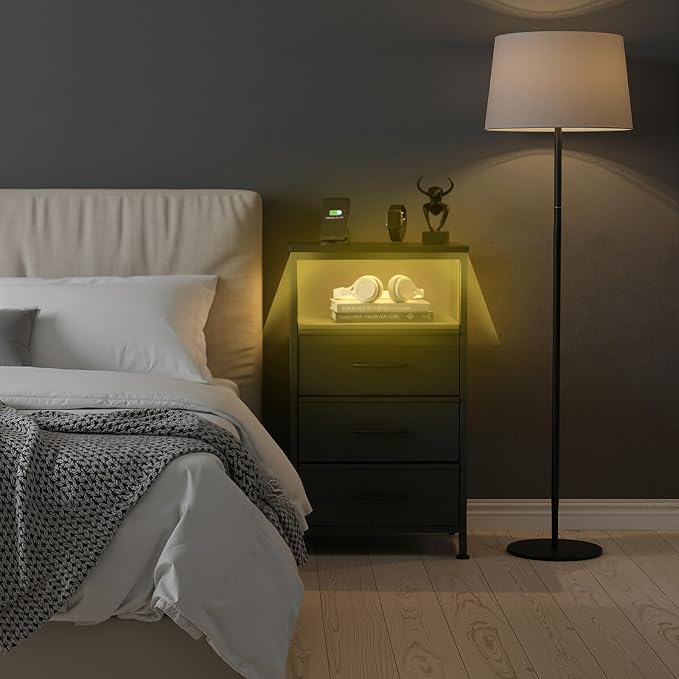 Sweetcrispy Nightstand with Charging Station, Bedside End Table with 3 Fabric Drawers, USB & Type-C Ports with AC Outlets, Adjustable Feet & Dimmable LED Light Strip, Modern Bedroom Furniture, Black