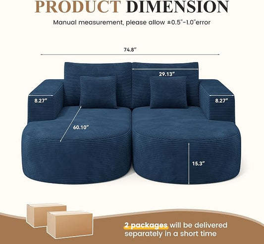 Modular Sectional Sofa Bed,Convertible Cloud Couches for Living Room,2 Chaise Corduroy Boneless Couch Sleeper Sofa Set,Oversized Chaise Lounge Chair for Bedroom,No Assembly Required,Blue 1PCS