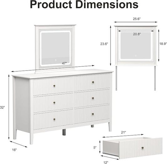 RoyalCraft 6 Drawer Dresser with Lighted Mirror, White Fluted Modern Wood Chest of Drawers, Long Dresser for Bedroom Storage
