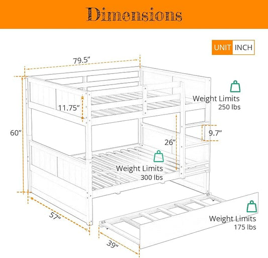 MERITLINE Detachable Full Over Full Bunk Bed with Trundle,Solid Wood Full Size Floor Bunk Bed for Kids, White Bunk Bed Full