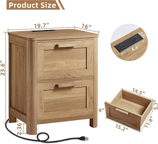 Joaxswe Farmhouse Nightstand with Charging Station, End Tables Bedroom with 2 Large Drawers & 4 Thickened Table Legs, Brown