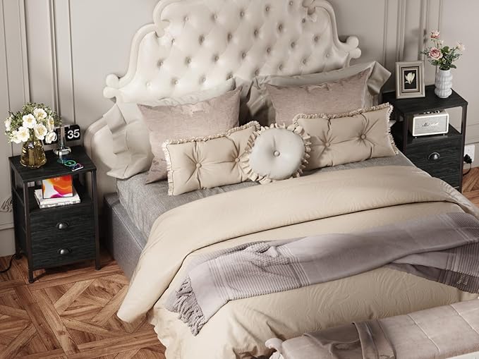 Furologee Nightstands Set of 2, End Tables with Charging Station and LED Lights, Black Night Stands with 2 Fabric Drawers, Bedside Tables Set of 2 for Living Room/Bedroom,Black Oak