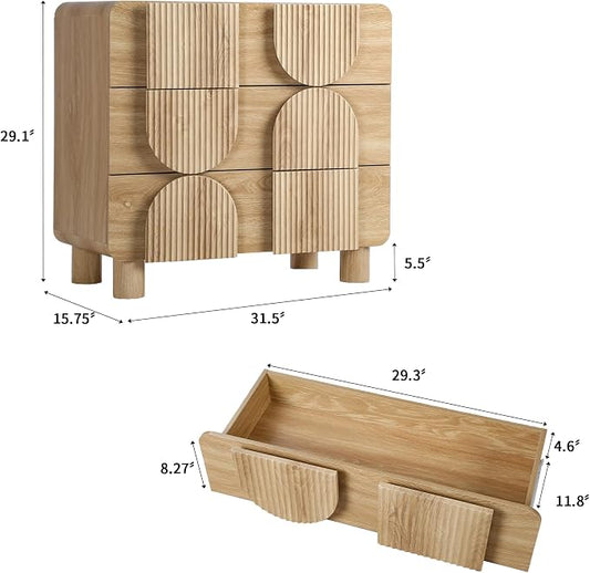 Janmer Home 3 Drawer Dressers for Bedroom, 31.5" Wide Large Mid Century Modern Fluted Nightstand, Wood Dresser & Chest of Drawers with Curved Profile for Living Room, Entryway, Hallway, Natural