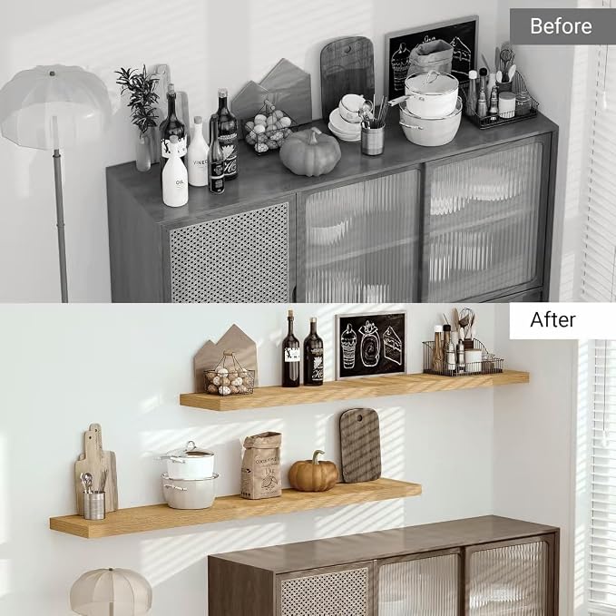 Vivelove 12" Deep Floating Shelves with Invisible Brackets, 72" Wall Shelves for Bathroom Bedroom Kitchen Living Room Laundry Room, Modern Rustic Shelves for Home Decor, 72"x12"x2", Set of 1, Oak