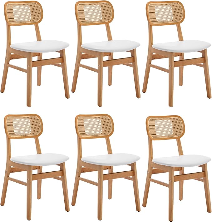 ROCITY Rattan Dining Chairs Set of 6 White Faux Leather Dining Room Chairs Natural Wooden Kitchen Chairs Farmhouse Side Chairs