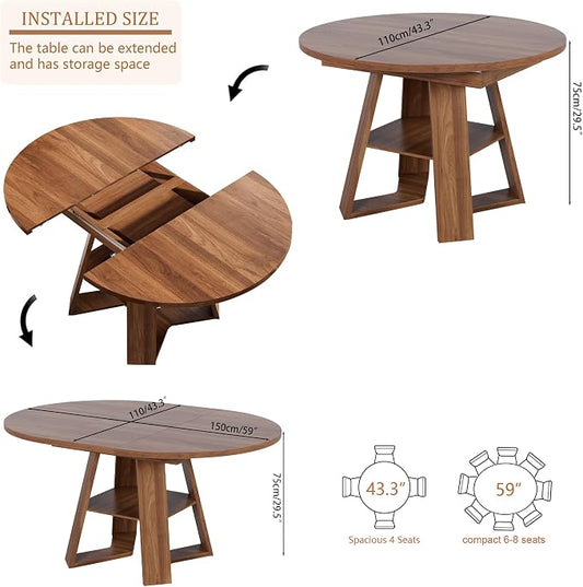 43.3in-59in Extendable Round Dining Table for 4-6,Modern Kitchen Oval Dining Table with Removable Leaves Space Saving,Wood Base with Storage Shelf for Kitchen Living Room