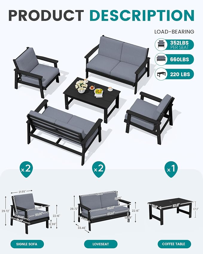 SERWALL HDPE Patio Furniture Set, 5 Piece All Weather Wood-Like Sectional Outdoor Furniture Set for Deck, Lawn, Black Patio Sofa Couch with Grey Cushions