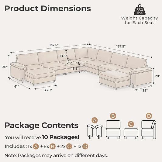 SITJOY Large Cloud Couch, 138" Wide 7 Seater V Shape, Faux Leather in Brown | Pet-Friendly Scratch-Resistant Leather Sectional Sofas for Living Room, Deep Seat Wide Couch with Chaise, Storage Ottoman