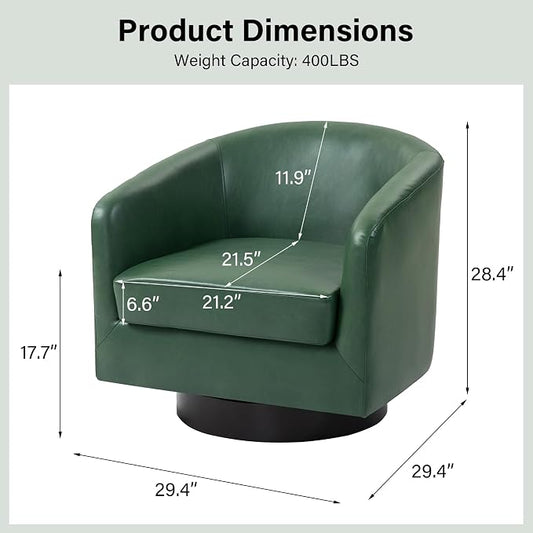 Swivel Barrel Accent Chair, Modern Round Faux Leather Arm Chair for Living Room, Bedroom, Comfy Club Reading Chairs for Adults(Faux Leather, Green, Set of 1)